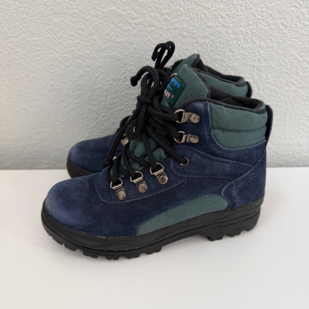 Vintage LL Bean Kids Suede Hiking Boots Blue Green Size 2 - Picture 4 of 8